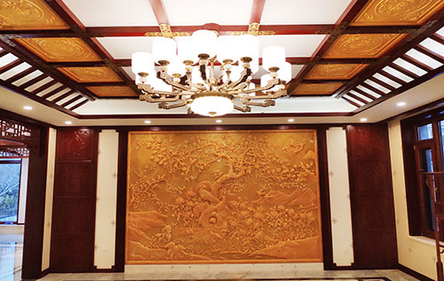 保定中式别墅客厅中式木作横梁吊顶装饰展示